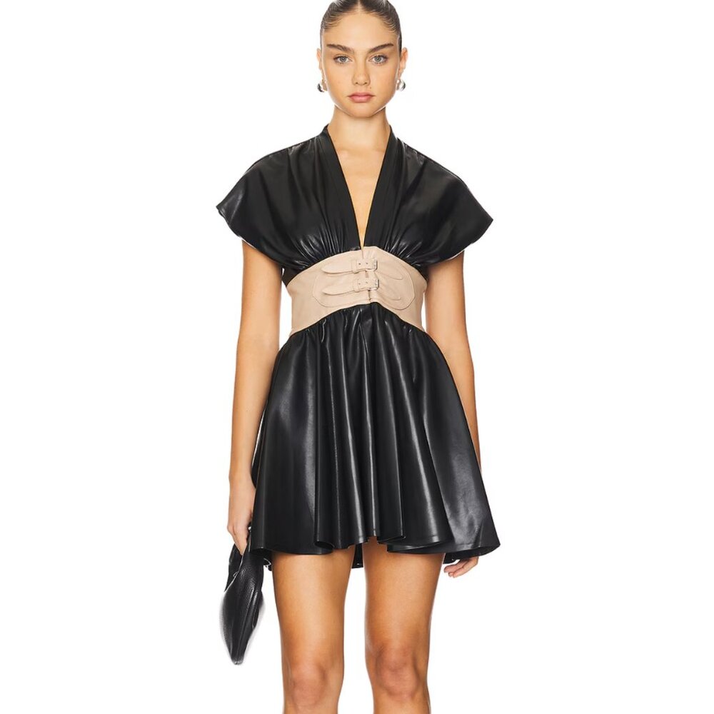 NEW Alexis Berlin Mini Dress Black & Cream Leather Buckle XS